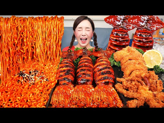 [Mukbang ASMR] Spicy 🔥 Buldak Squid Enokimushroom CRISPY CALAMARI Recipe Eatingshow Ssoyoung