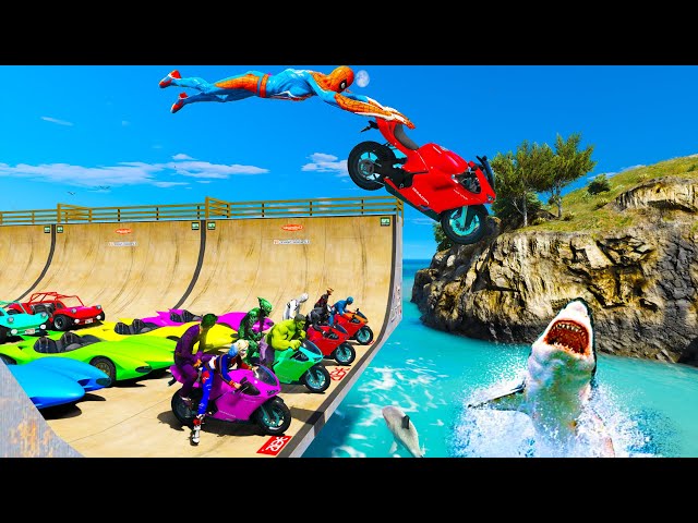 Rocket Cars and Spider-man with Ragdoll Heroes - Challenge on Motorcycle, Heli & Hungry Sharks