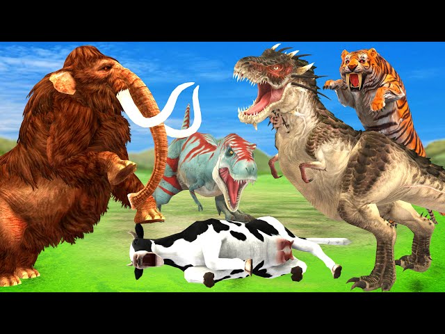 Dinosaur Attacks Cow Cartoon Saved By Giant Tiger Bull Woolly Mammoth Vs T-Rex Jurassic World