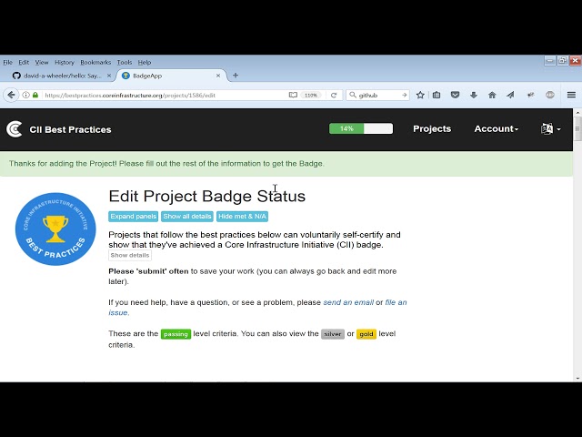 Quick demo on how to start getting a CII Best Practices badge
