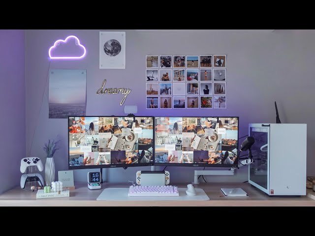 My 2024 Cozy Desk Setup Makeover | Standing Desk, Aesthetic, Pinterest inspired, new PC, keyboard...