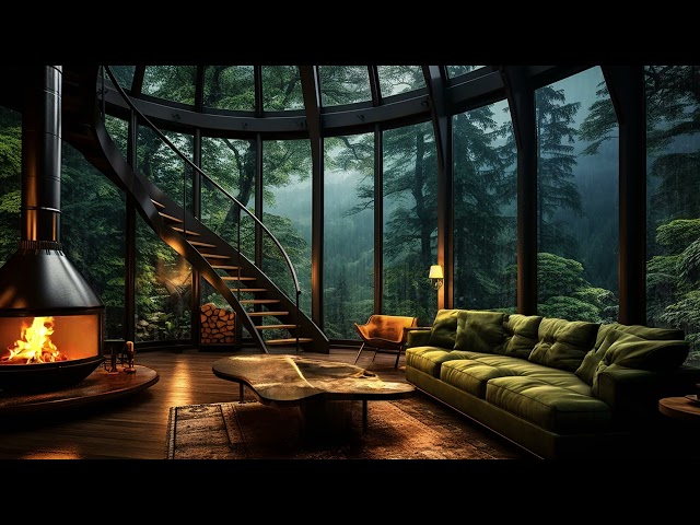 Jazz Relaxing Music for Work, Study 🌧 Soft Jazz Music with Rain Sound In Cozy Forest Room Ambience