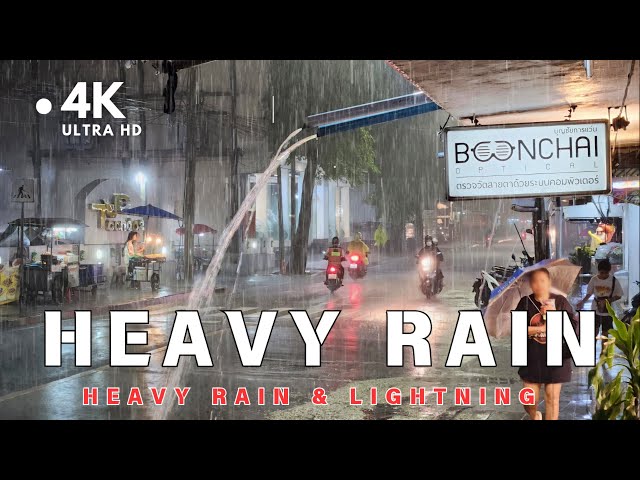 [4K UHD] Walking in Heavy Rain and Lightning in Bangkok | Heavy Rain Sound Thunder