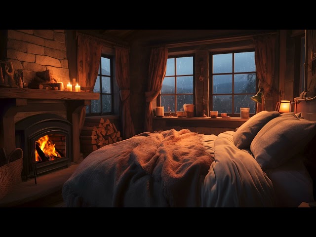 Sleeping with Crackling Firewood Burning & Raindrops Falling Sounds丨Cozy Bedroom Rainy Days Vibes