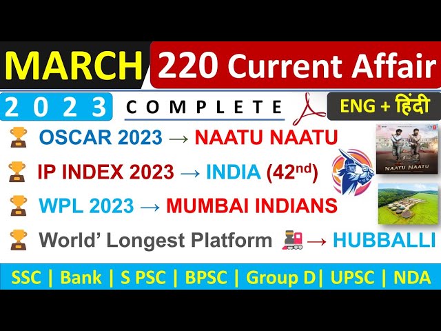 March Monthly Current Affairs 2023 | Top 220 Current Affairs | Monthly Current Affairs March 2023 |
