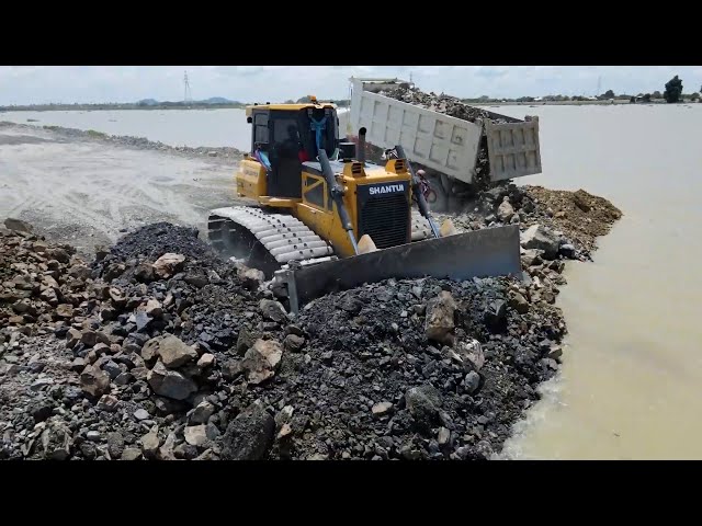 Fantastic Project Building Road on Lake by SHANTUI Truck Spreading Rock and Dozer Push Stone