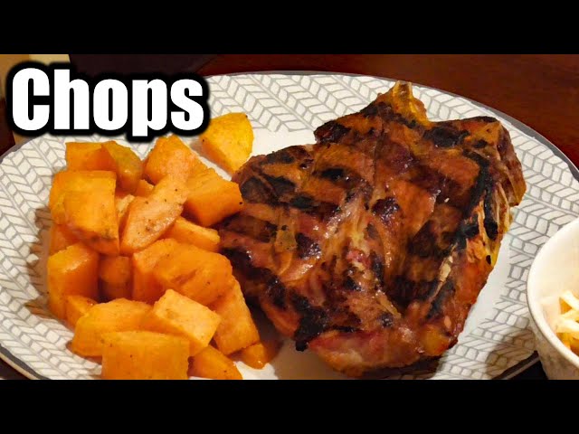 Grilled Pork Chops with Oven Roasted Sweet Potato & Slaw (Delicious)