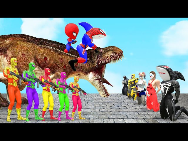 Spiderman Superheroes vs Shark Spiderman Dinosaurs protect Spidey battle Venom3 Hulk | King Spider