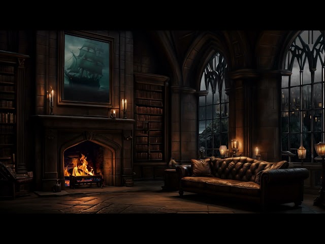 Thunder & Rain  | Hogwarts Library Room | Harry Potter Fireplace | Cozy Winter Ambience