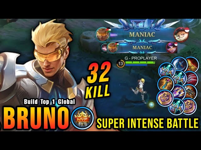 32 Kills Bruno 2x MANIAC!! Super Intense Battle!! - Build Top 1 Global Bruno ~ MLBB