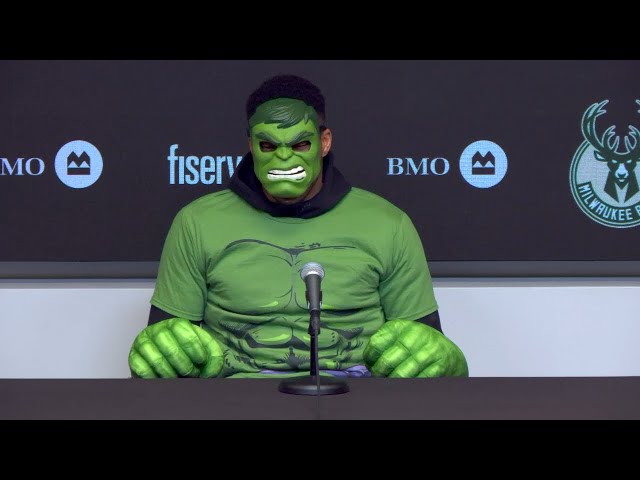 Giannis did his entire postgame presser dressed as The Hulk 🤣 | NBA on ESPN