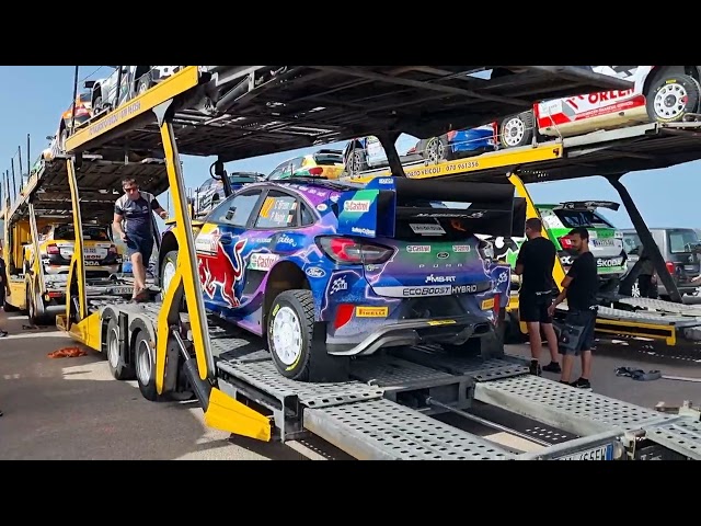 WRC Rally Italia Sardegna 2022 M-Sport unloading Ford Puma WRC cars in Olbia