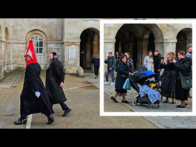 IDIOT MOCKS THE KING'S GUARD AS HIS FAMILY LAUGH at his silly walk at Horse Guards!