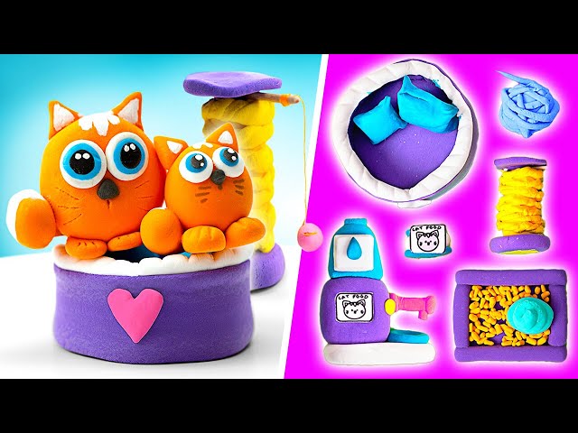 Makeover of Homeless Kitten 😻|| Crafting Cute Kittens And Cool Cat Accessories || Easy Clay Art 🎨