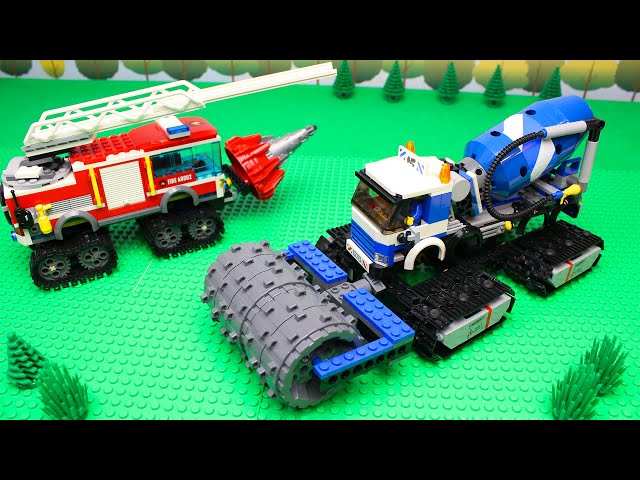 LEGO Fire truck and concrete mixer truck build a railway for kids