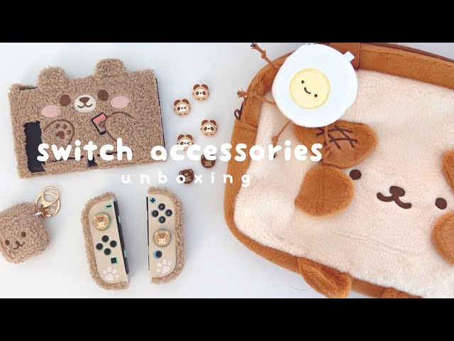 unboxing nintendo switch accessories (geekshare) | cute carrying bag, bear case, thumb grips