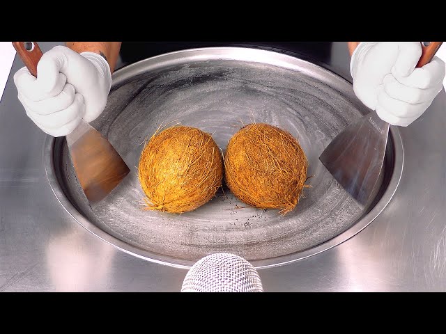 Coconut Ice Cream Rolls - how to make fresh Coconuts to rolled fried Ice Cream | Street Food ASMR