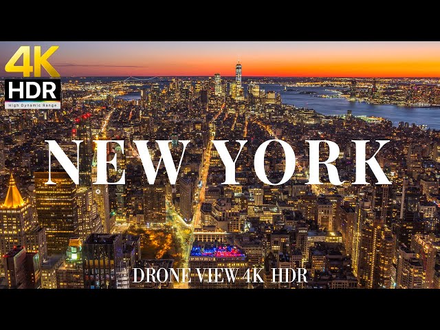 New York Night 4K drone view 🇺🇸 Flying Over New York Night | Relaxation film with calming music