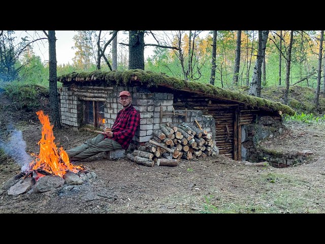 Building a long term shelter in forest from an old abandoned bunker. Bushcraft in the wild forest!