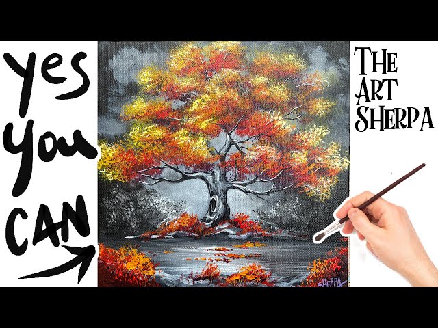 EASY  how to Draw and paint Autumn Tree 🌟🎨 How to paint acrylics for beginners: Paint Night at Home