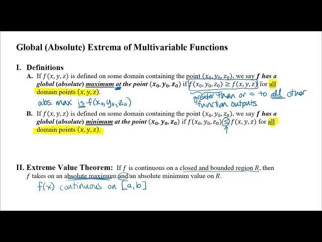 Absolute Extrema Vocabulary and Theorems for Multivariable Functions