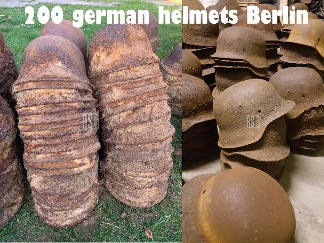 200 German helmets found on the berlin battlefield all stacked up another...