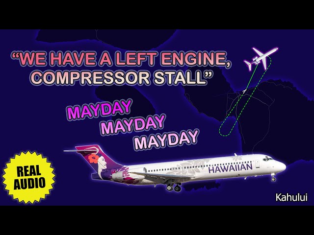 Engine compressor stall on takeoff. Mayday. Hawaiian Boeing 717 returns to Kahului. Real ATC
