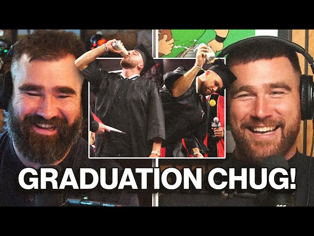 "You didn't finish that chug!" - Jason critiques Travis' beer chug before accepting his diploma