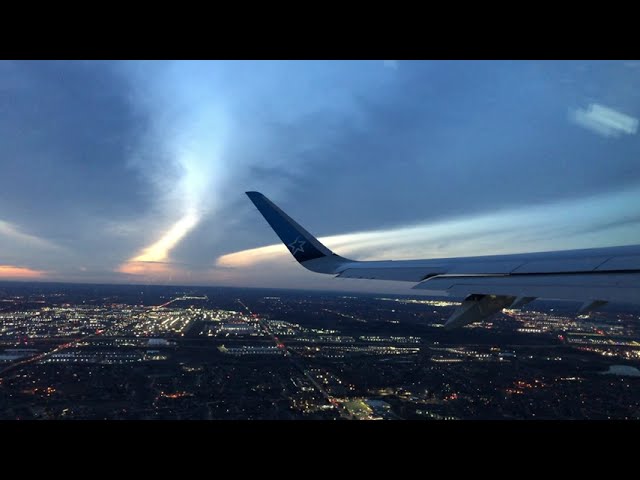 Air transat A321-200NX - taxi and take off from Toronto during amazing sunset heading to Faro
