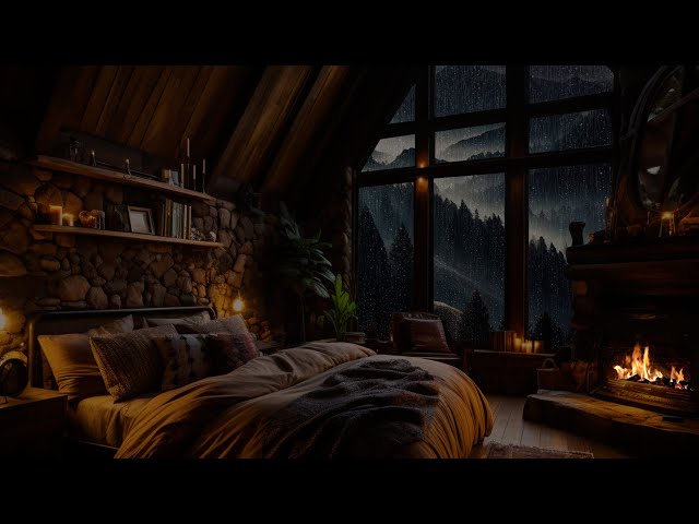 Rain Sounds For Sleeping - Rainy Night in Cozy Bedroom Ambience - Fireplace Crackling Rain & Thunder
