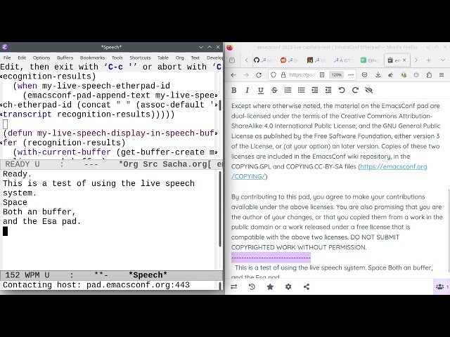 Quick demo: Yay, I can get live speech recognition results from Emacs to Etherpad