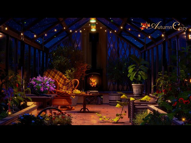 NIGHT GREENHOUSE AMBIENCE | Night Nature Sounds, Pages Turning, Crackling Fire