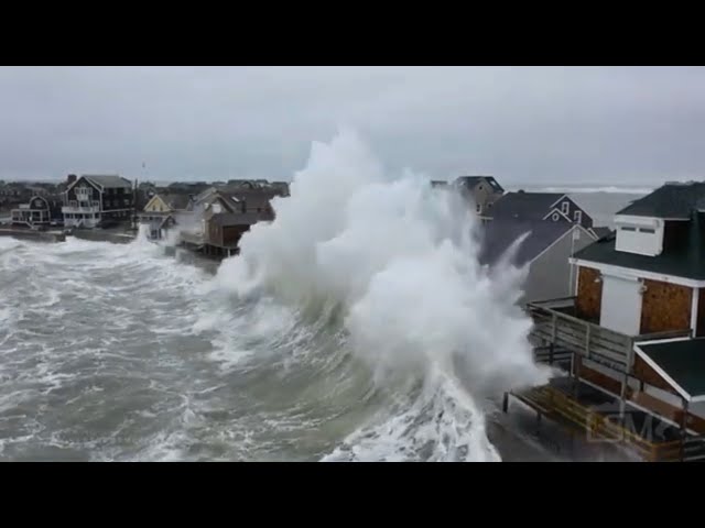 02-02-2021 Scituate, MA - Drone shots of massive waves crash into homes, flooded and damaged homes,