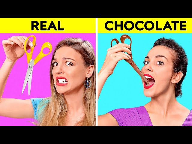 REAL VS CHOCOLATE FOOD CHALLENGE || Last To STOP Eating Wins! Taste Test by 123 GO! CHALLENGE