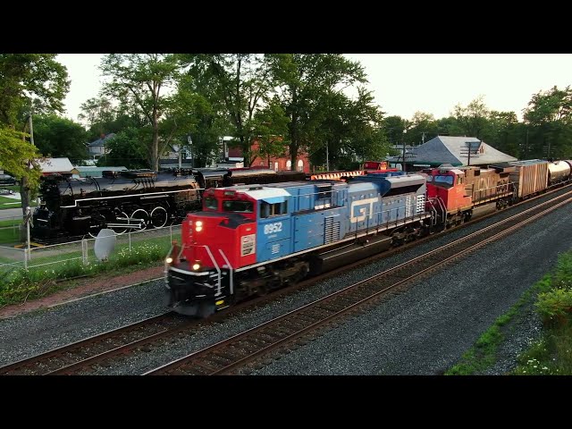 CN 8952 GTW heritage unit passes Conneaut Ohio Railroad Museum NKP 755 plus CSX Erie West Sub trains