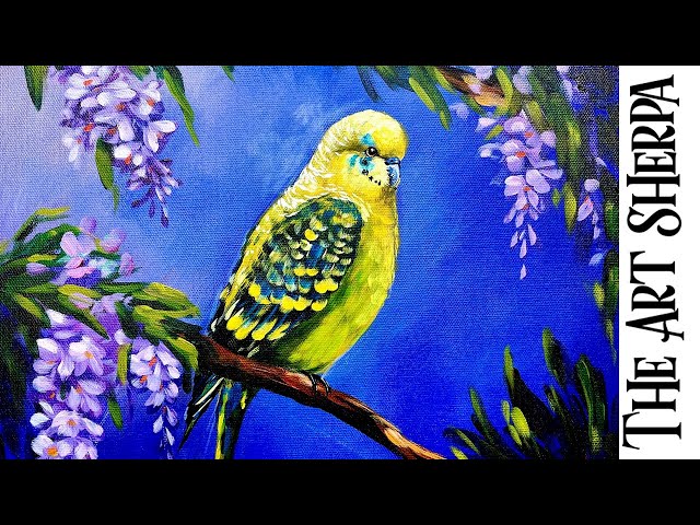 Budgie bird and Wisteria Flower  🌟🎨 How to paint acrylics for beginners: Paint Night at Home