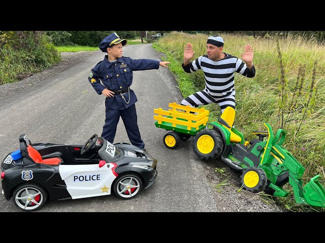 Max catches a thief in a police car who stole a kids tractor