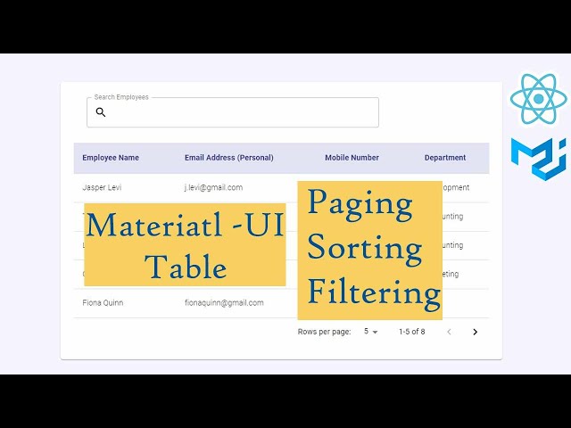 React Material UI Table with Paging Sorting and Filtering
