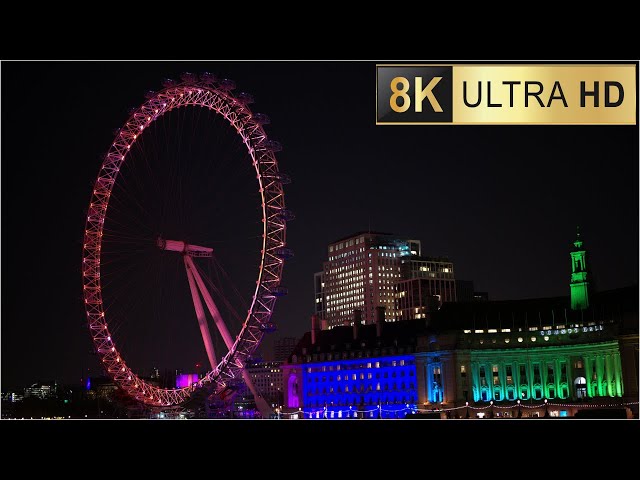 London at Night: Thames River, City of London, London Eye, Westminster in 8K/60p