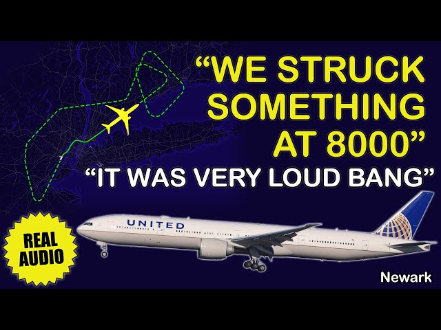Airplane STRUCK UNKNOWN OBJECT in flight. United Boeing 777-300ER hit something. Newark, Real ATC