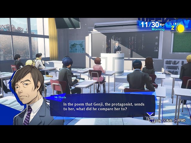 In the poem that Genji sends to her, what did he compare her to (30 Nov Question) | Persona 3 Reload