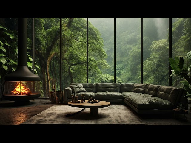 Smooth Jazz Music In Cozy Modern Living Room Ambience with Rain Sounds & Fireplace for Sleep, Relax