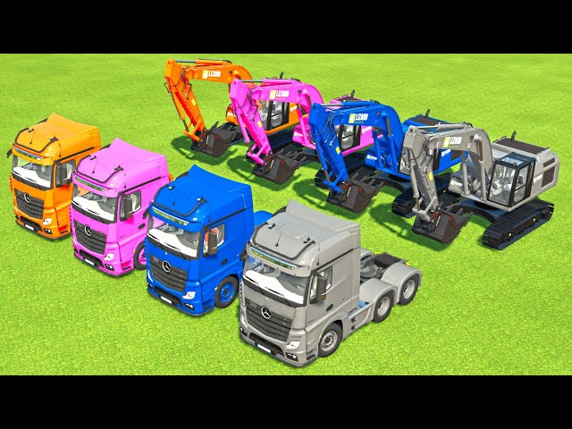 TRANSPORTING EXCAVATOR TRUCK, DUMP TRUCK TO GARAGE WITH MERCEDES BENZ ACTROS MP4 TRUCK! FS22 MODS