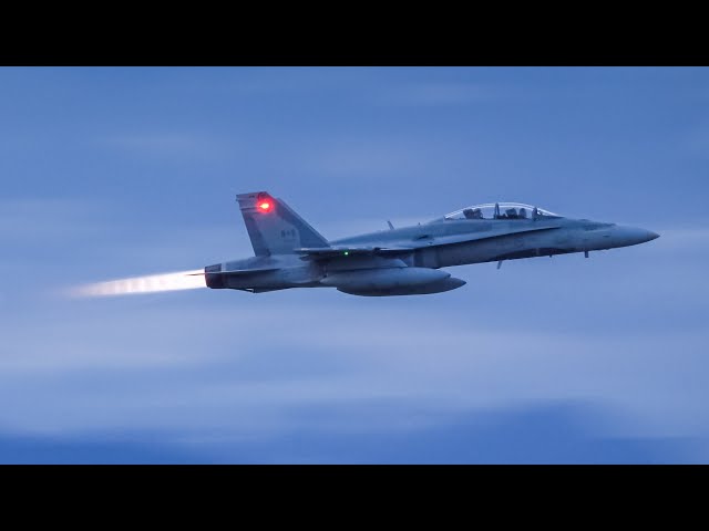 (4K) LOUD 2x RCAF CF-18 Hornet Twilight Departure at Vancouver YVR