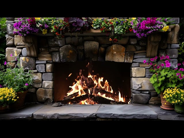 4K Spring Rustic Burning Fireplace: Crackling Sounds & Tranquil Floral Ambiance for Relaxation
