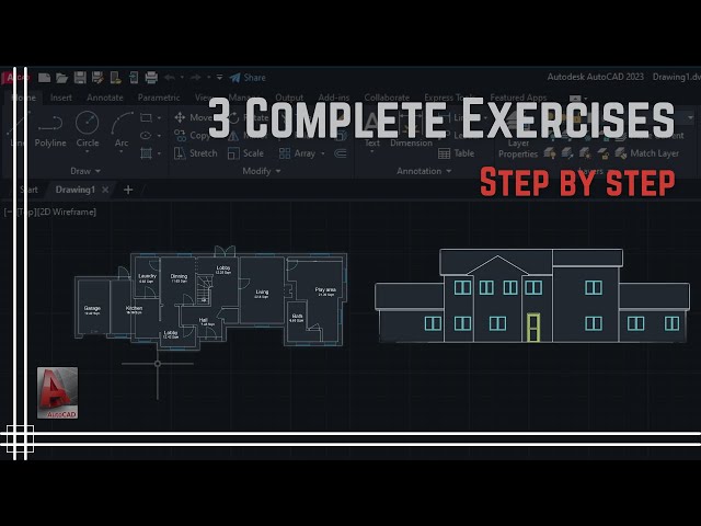 Autocad - Floor plan + Elevation. Step by Step (3 complete Exercises)
