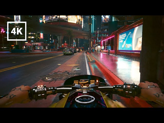 Cyberpunk 2077 Motorcycle Driving around the Night City | 4K Ultra (Realistic Driving)