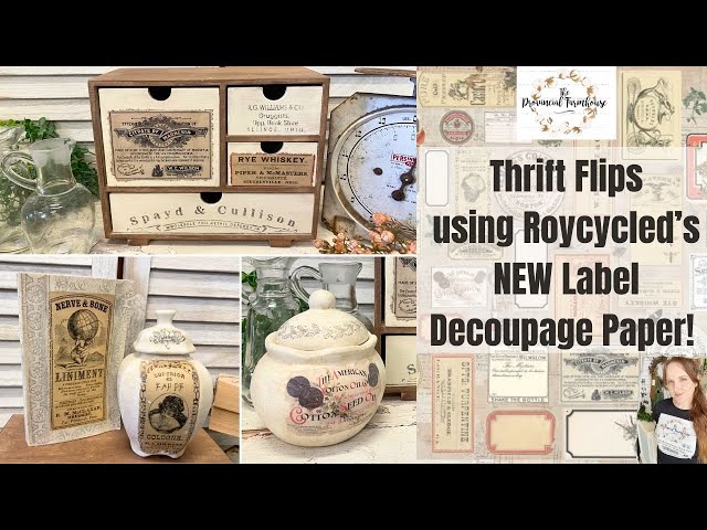 Thrift Flips using NEW Roycycled Label Decoupage Paper | How to Decoupage | Using IOD Stamps