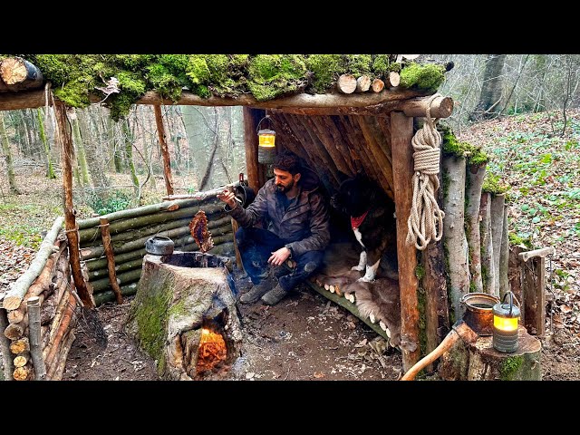 Building a Bushcraft Shelter for SURVIVAL CAMPING in Rain. Big Swedish Stove - Lamb Cooking - Asmr