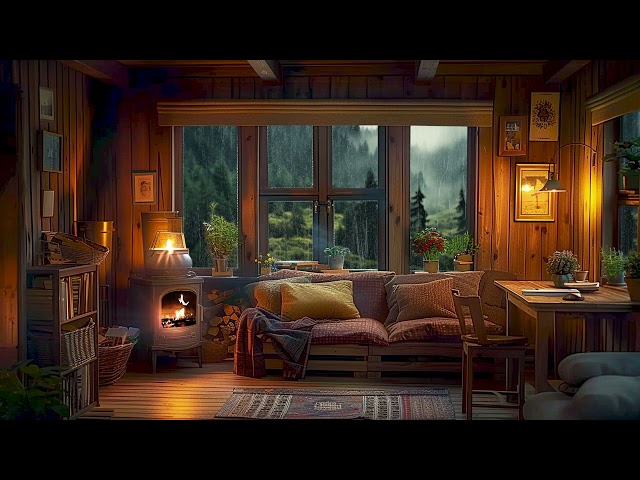 Rainy Day in the Forest, Cozy Cabin with Crackling Fireplace for Anxiety Relief and Relaxation